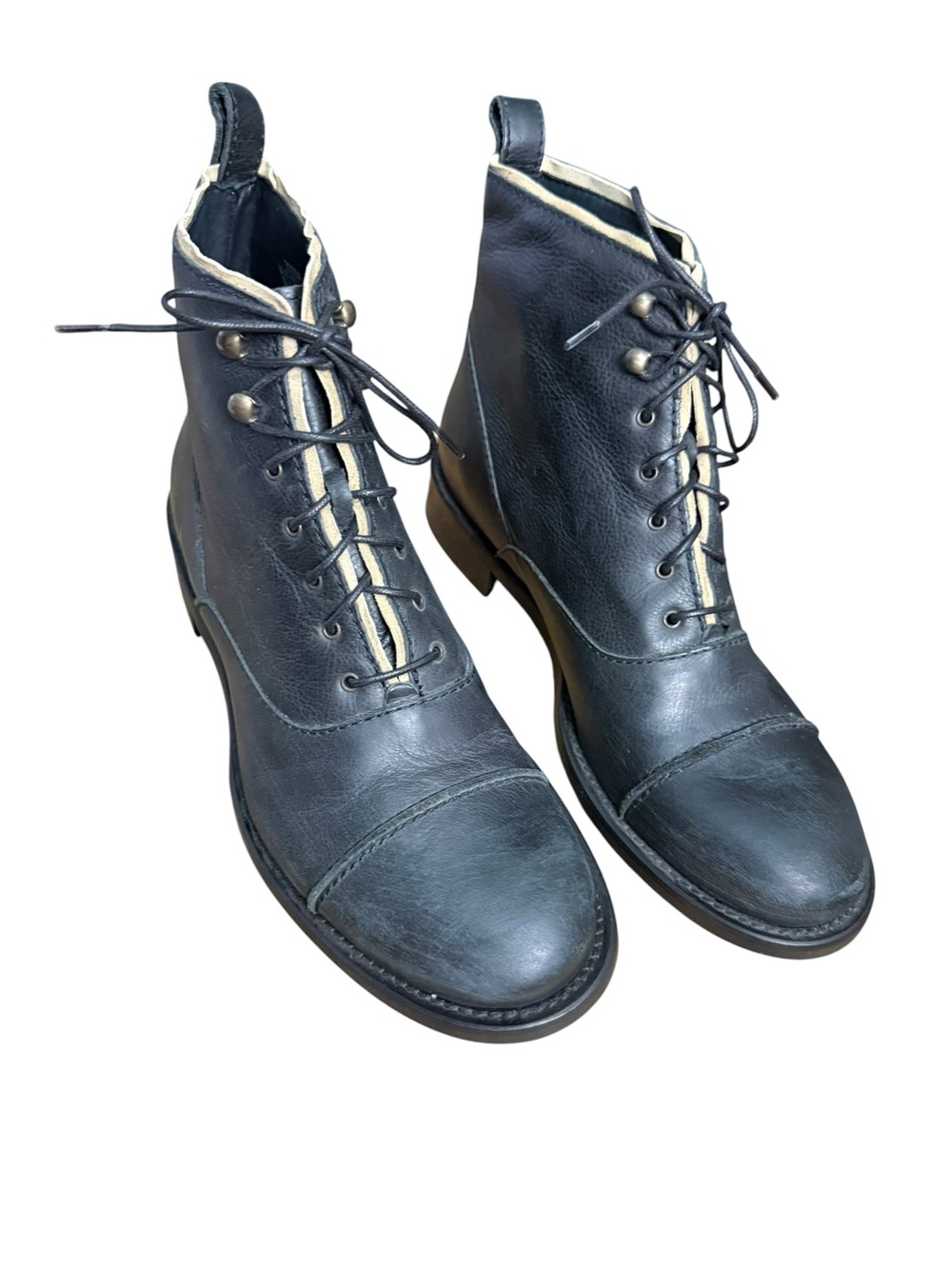 J Crew Women's Mid Calf Black Italian Leather Vintage Cap Toe Lace Up Boots sz 8